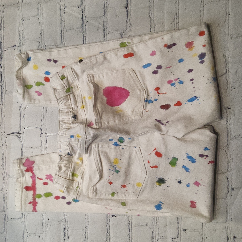 JCrew Crewcuts paint splatter white jeans pink heart 10